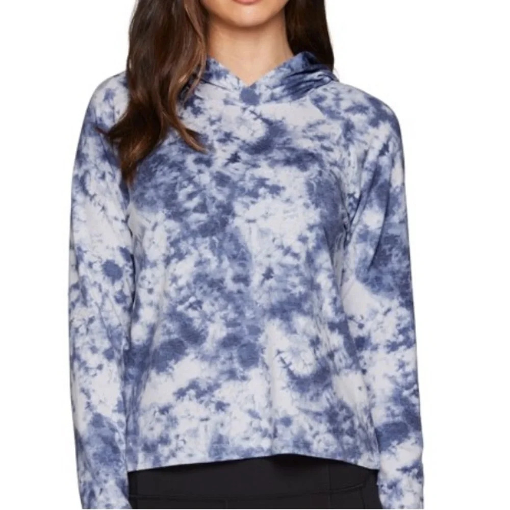 Rbx, M, blue and white tie-dye, French terry, hooded,‎ cropped yoga sweatshirt